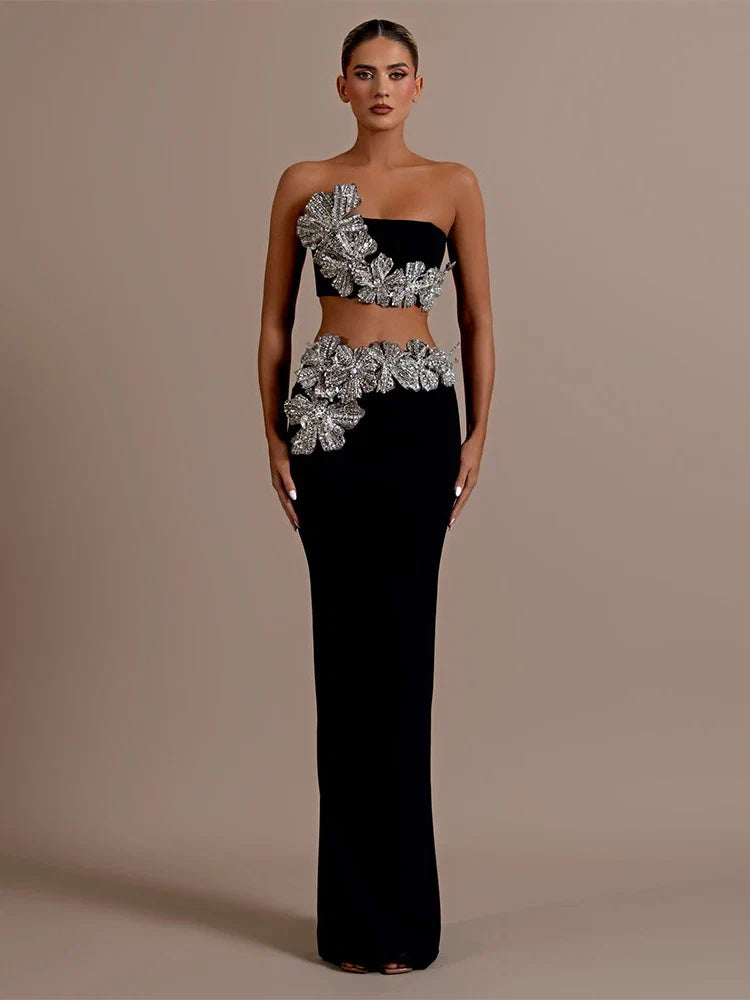 Long Sleeves Bandage 2-Piece Turtleneck Diamonds Flower Top Bodycon Skirts Suits
