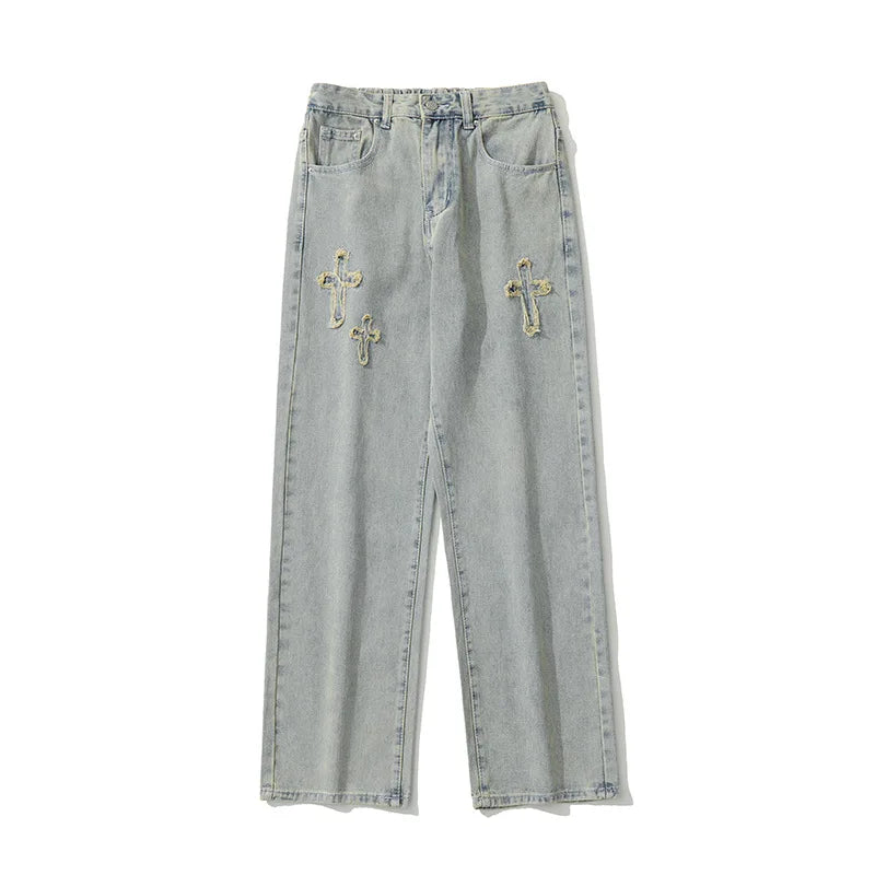 Men's clothing # American vibe style yellow mud dyed cross jeans men's ins embroidered high street wide leg long pants