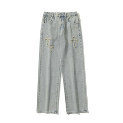 Men's clothing # American vibe style yellow mud dyed cross jeans men's ins embroidered high street wide leg long pants