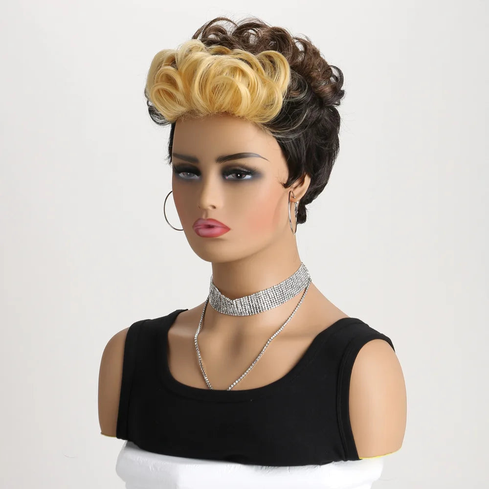 Synthetic Short Pixie Cut Wig with Wavy Bangs Mixed Black Brown 2 Tones Hair Wigs for Women Wavy Haircuts