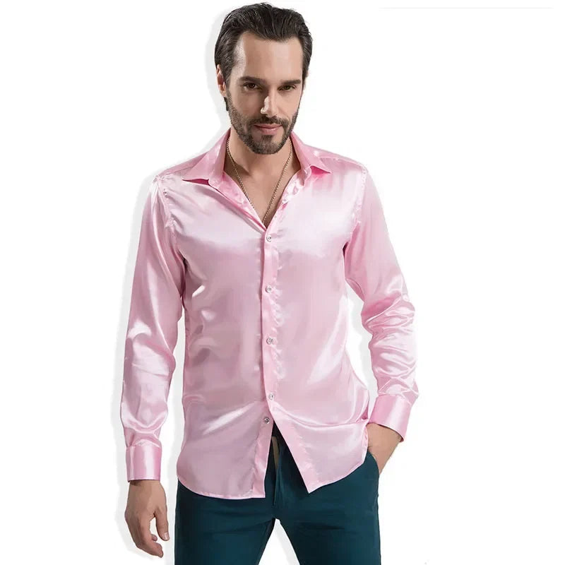 Men's Fashion Shiny Satin British Style Dress Shirt Luxury Ice Silk Long Sleeve Casual Wear