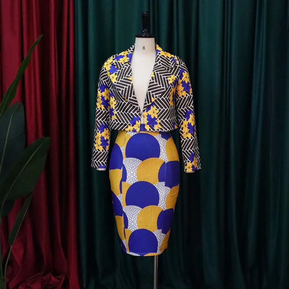 Two Piece Women's Suit Dashiki Long Sleeved Two Piece Exposed Navel Top Set Temperament Midi Skirt Printed Casual Women's Set