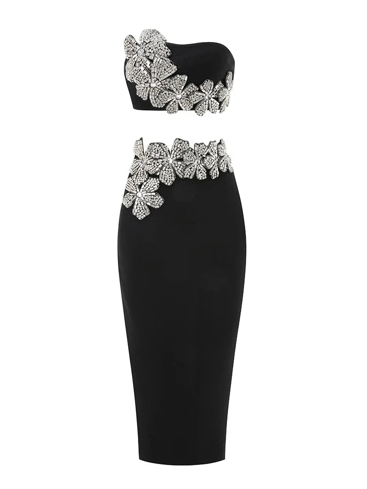 Long Sleeves Bandage 2-Piece Turtleneck Diamonds Flower Top Bodycon Skirts Suits
