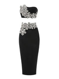 Long Sleeves Bandage 2-Piece Turtleneck Diamonds Flower Top Bodycon Skirts Suits
