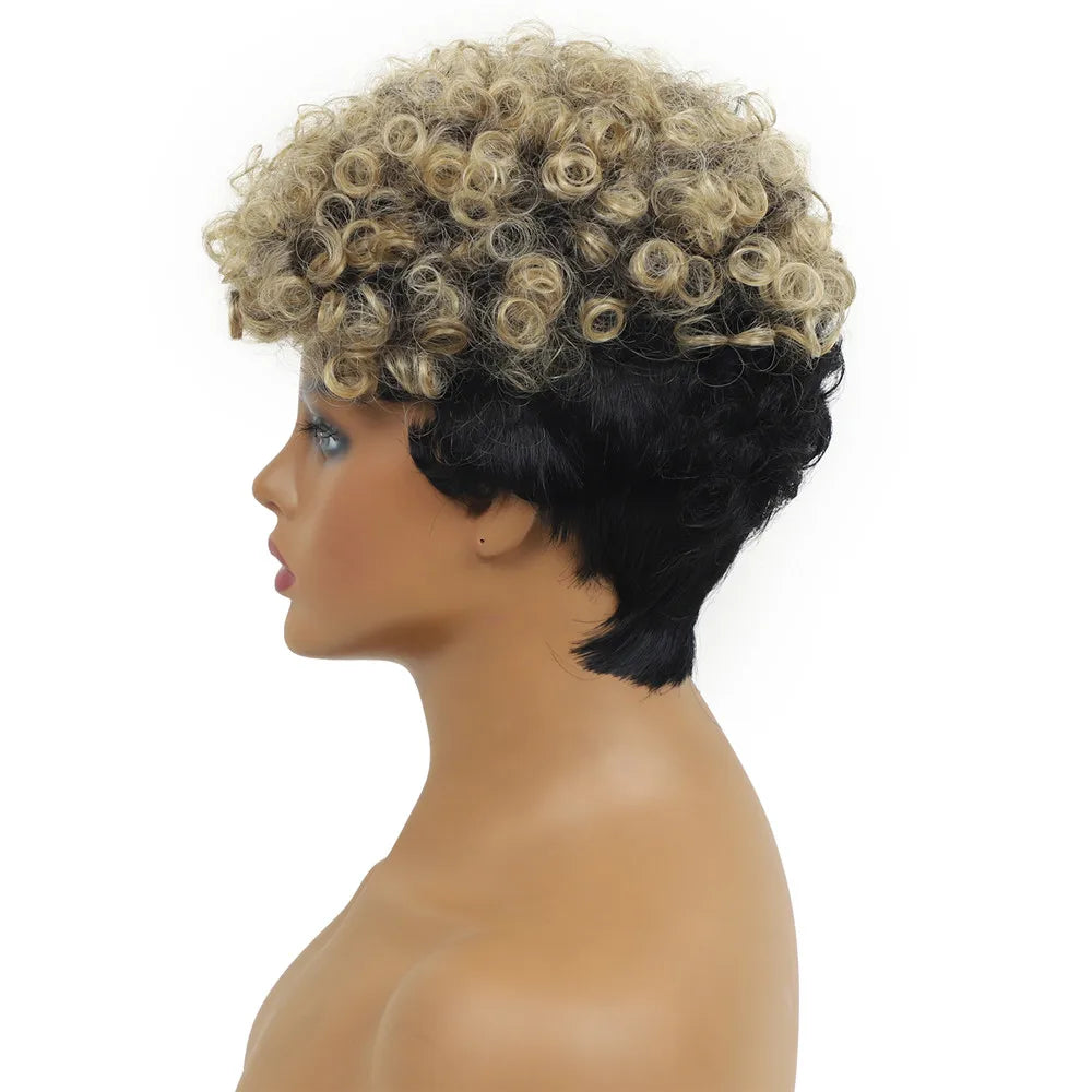 Short Curly Pixie Cut Wig - Black & Blonde Two-Tone
