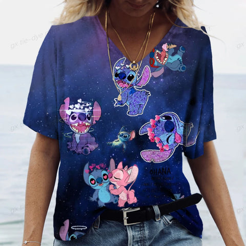 Lilo&Stitch Women's T-shirt Fashion V-neck Short sleeved Top Summer Women's Clothing Casual Harajuku T-shirt Street Trend