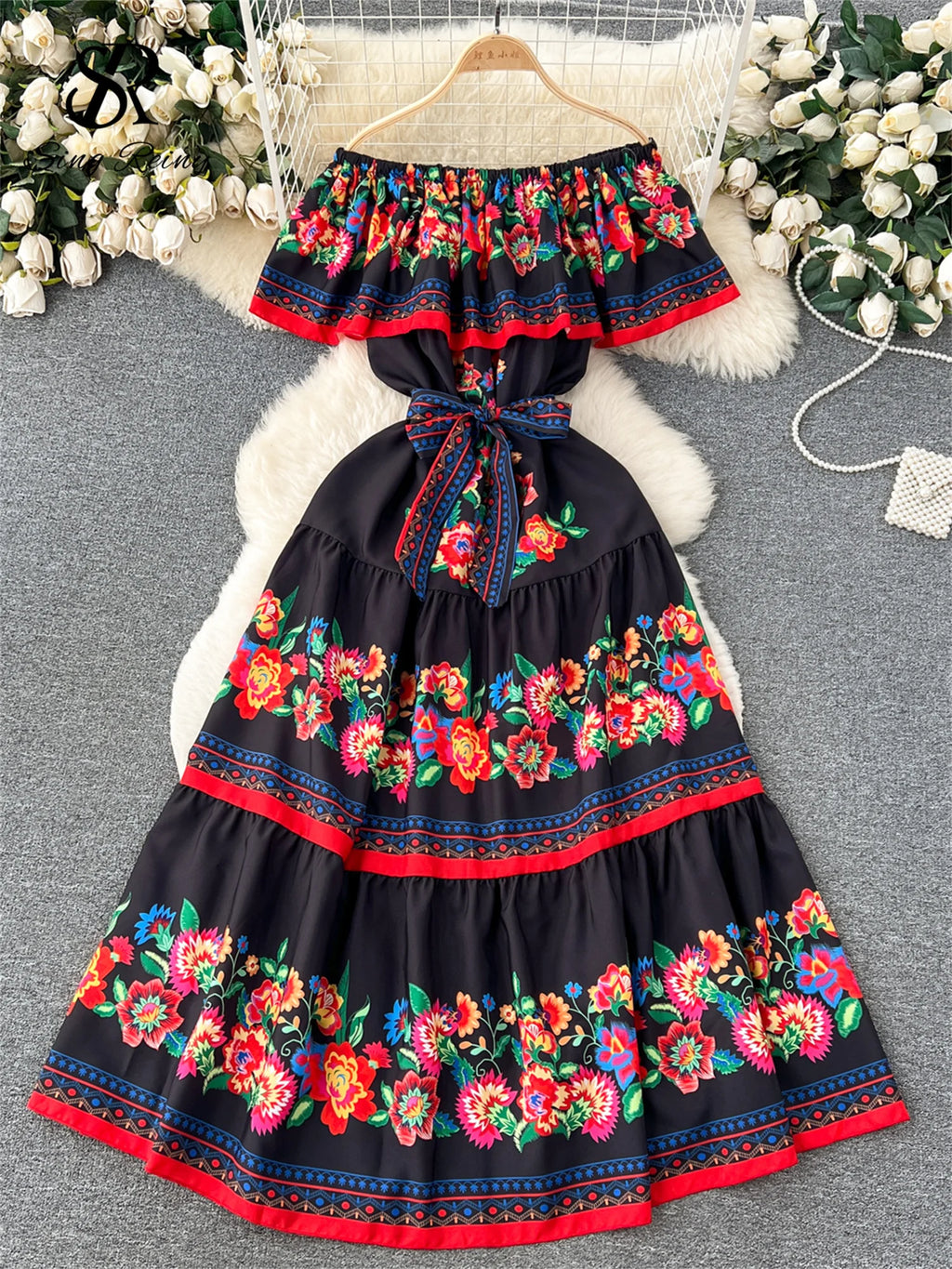 French Court Floral Print Sling Neck Off Shoulder Fashion Loose Long Dress