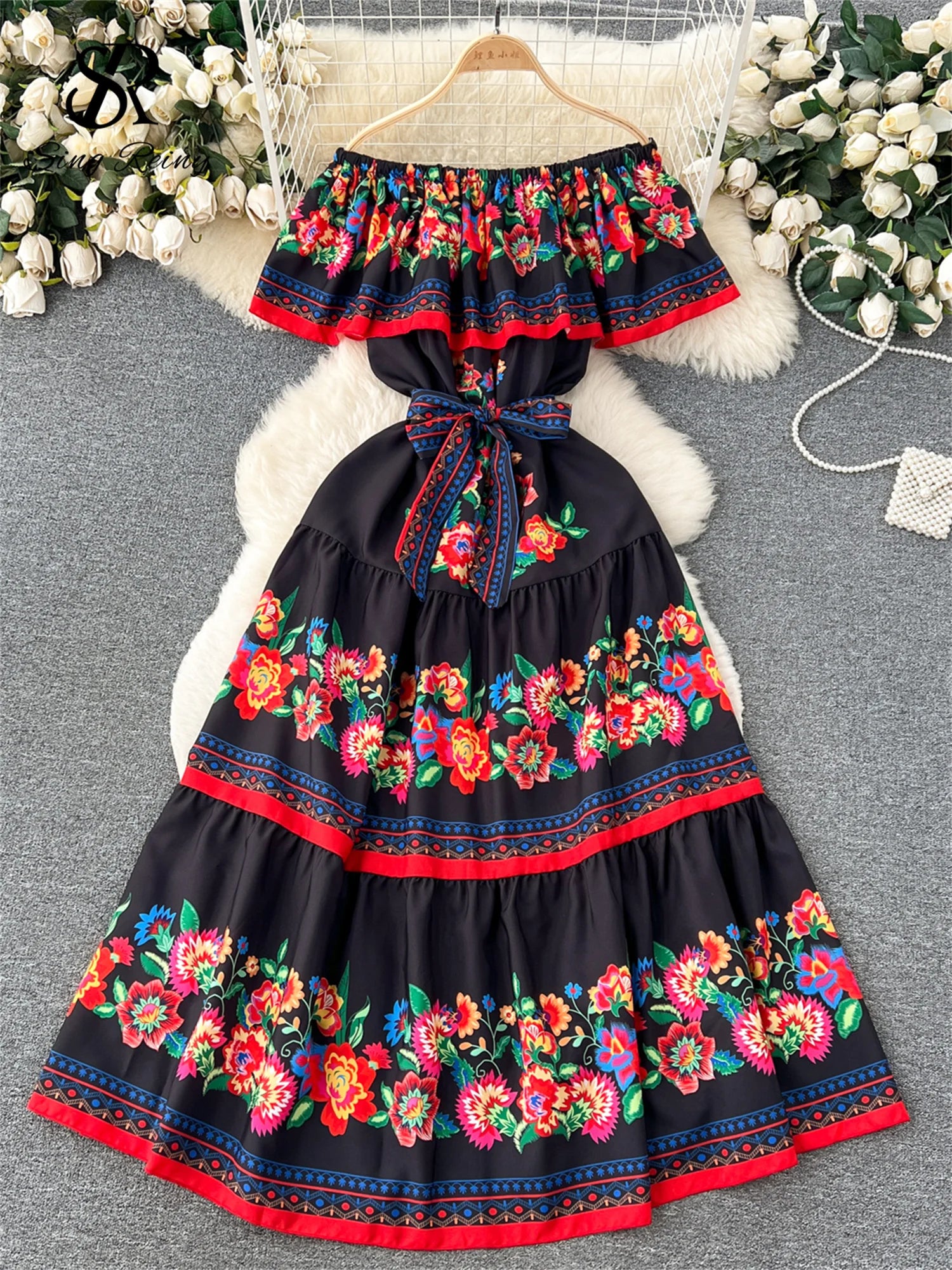 French Court Floral Print Sling Neck Off Shoulder Fashion Loose Long Dress