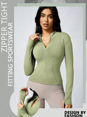 Women's Solid Color Zipper Turtleneck Sports Jacket, Long-Sleeved Sports Top, Gym Wear, Ladies' Sportswear for Indoor and Outdoo