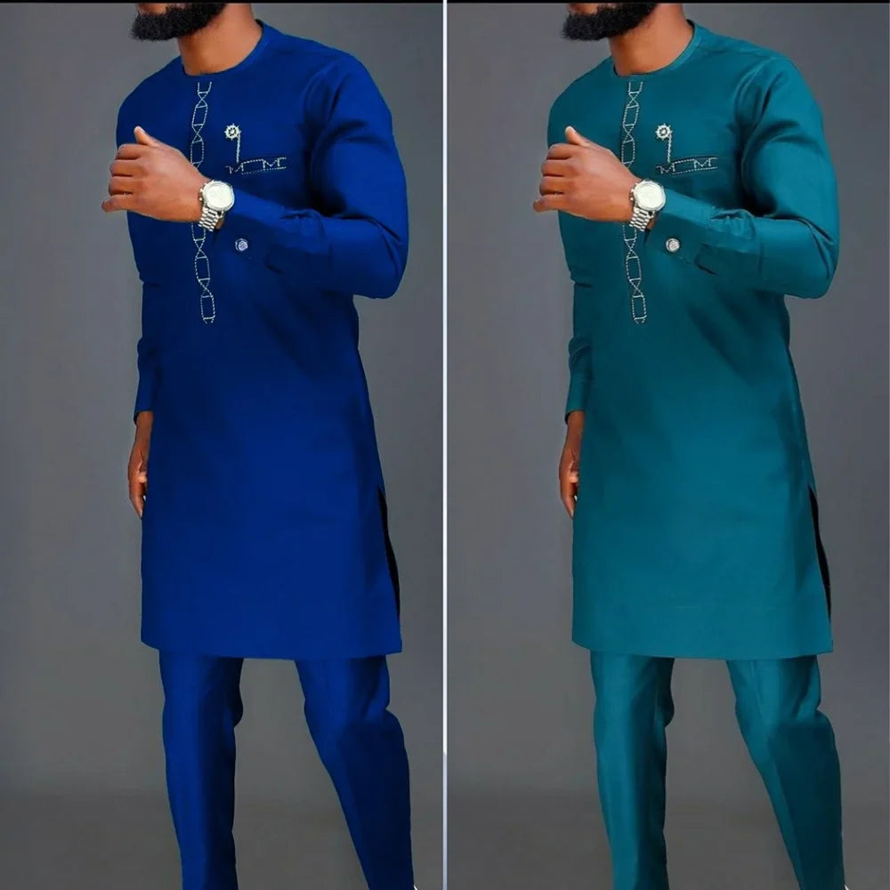 Men's New Designer Clothing Luxury Brand African 2Pc Suits Traditional Outfit Elegant Dashiki Full Pant Set