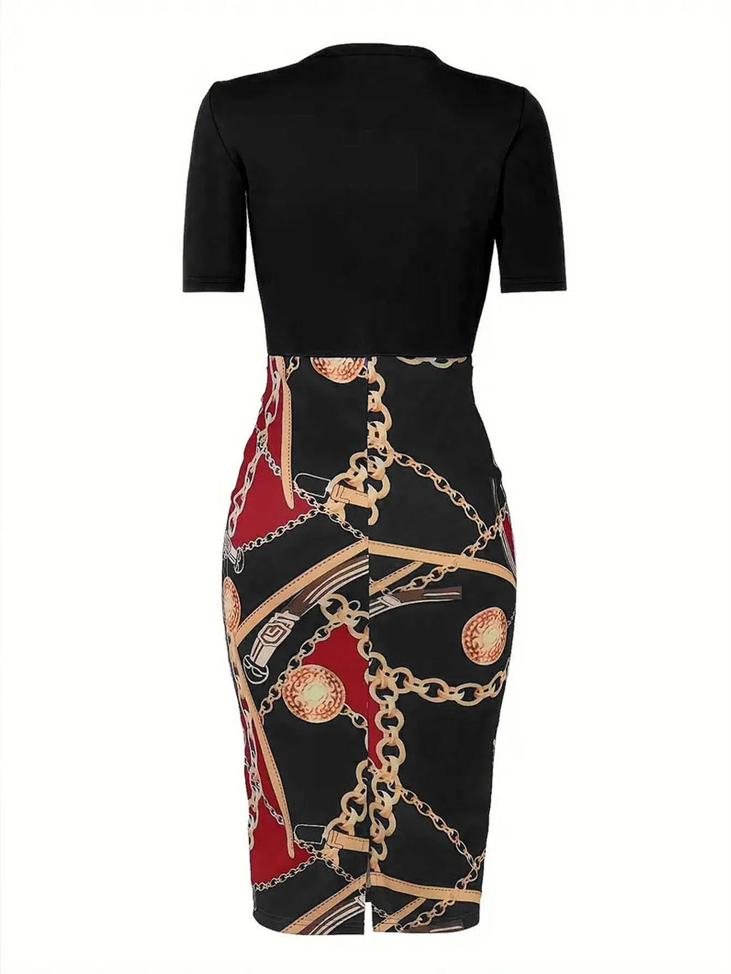 Colorblock Chain Print Short Sleeve Round Neck Slim Fit Mini Dress With Belt