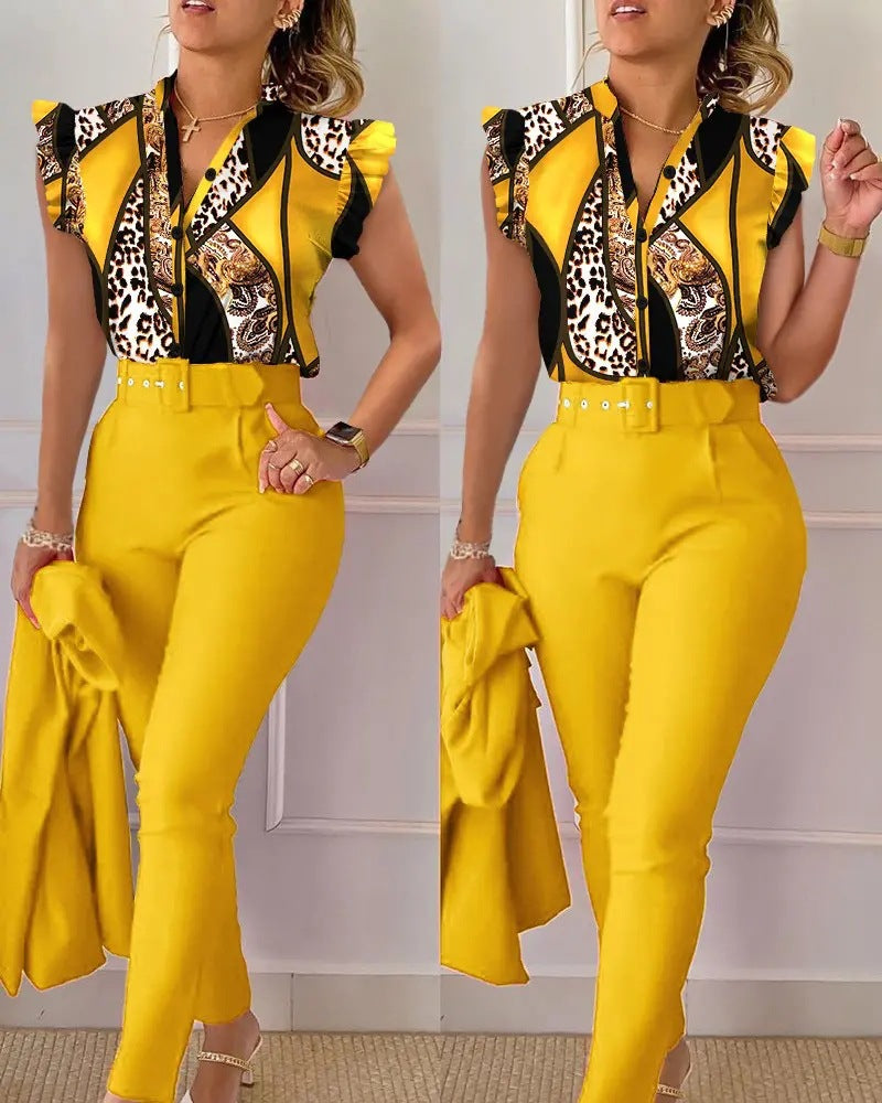 Elegant Short Sleeved Ladies Fashioned V Neck Animal Print 2 PC Pant Set