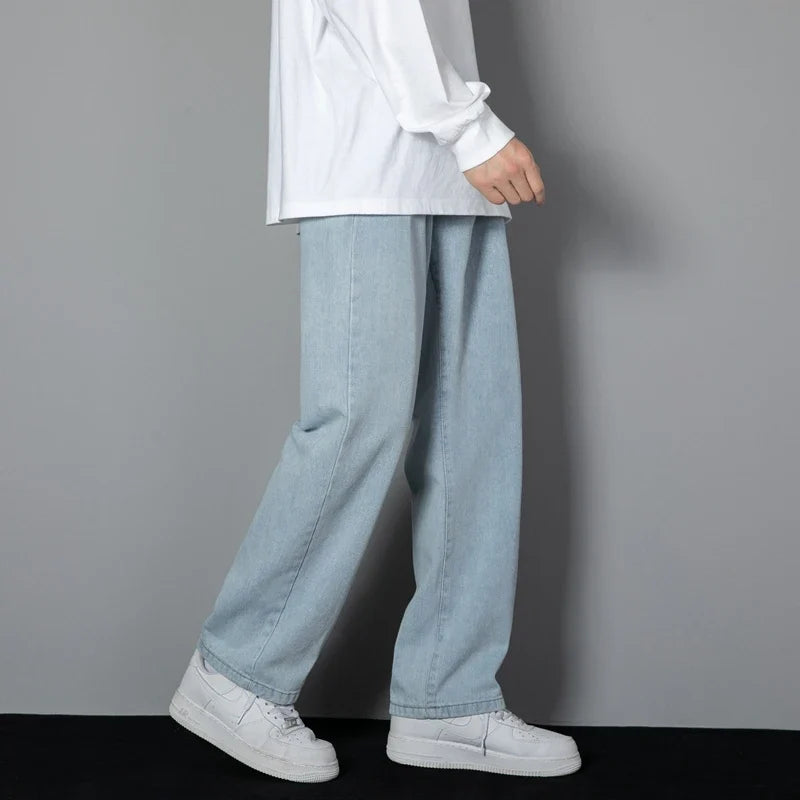New Korean Men's Casual Long Jeans Classic Straight Denim Wide-leg Pants