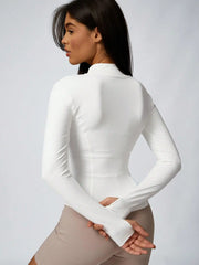 Women's Solid Color Zipper Turtleneck Sports Jacket, Long-Sleeved Sports Top, Gym Wear, Ladies' Sportswear for Indoor and Outdoo