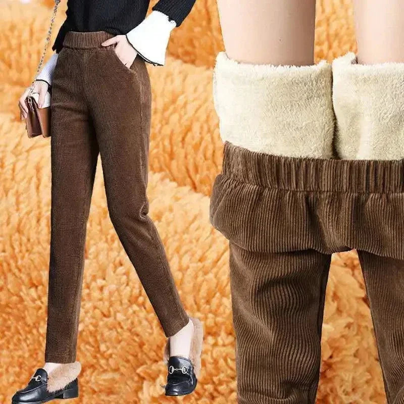 Women Corduroy Warm Thick Plush Casual Autumn Winter Leggings High Waist Pants