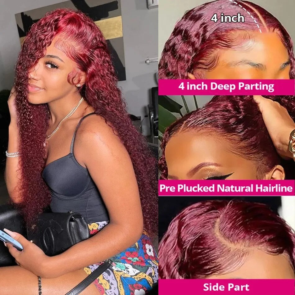 99J Burgundy Deep Wave Full Lace Front Wig – 100% Human Hair