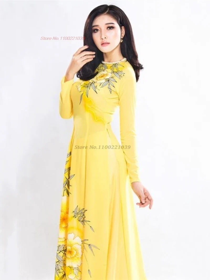Traditional Aodai National Dress+Pants Set Flower Print Qipao Oriental Party evening vestido