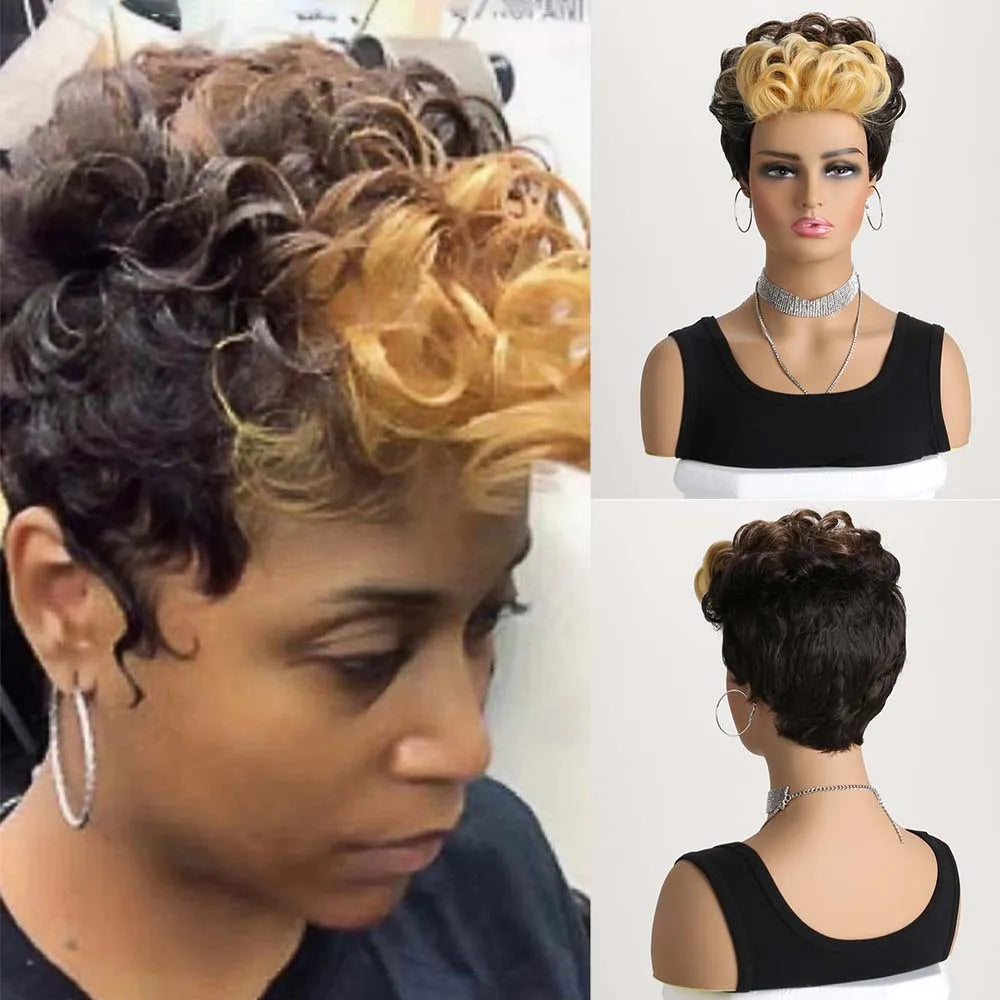 Synthetic Short Pixie Cut Wig with Wavy Bangs Mixed Black Brown 2 Tones Hair Wigs for Women Wavy Haircuts