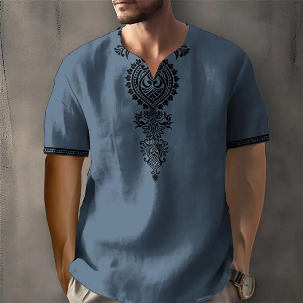 Vintage T-shirt For Men African Traditional Ethnic Style Print T-shirt Loose V-Neck Short Sleeved Tee Oversized Men Clothing Top