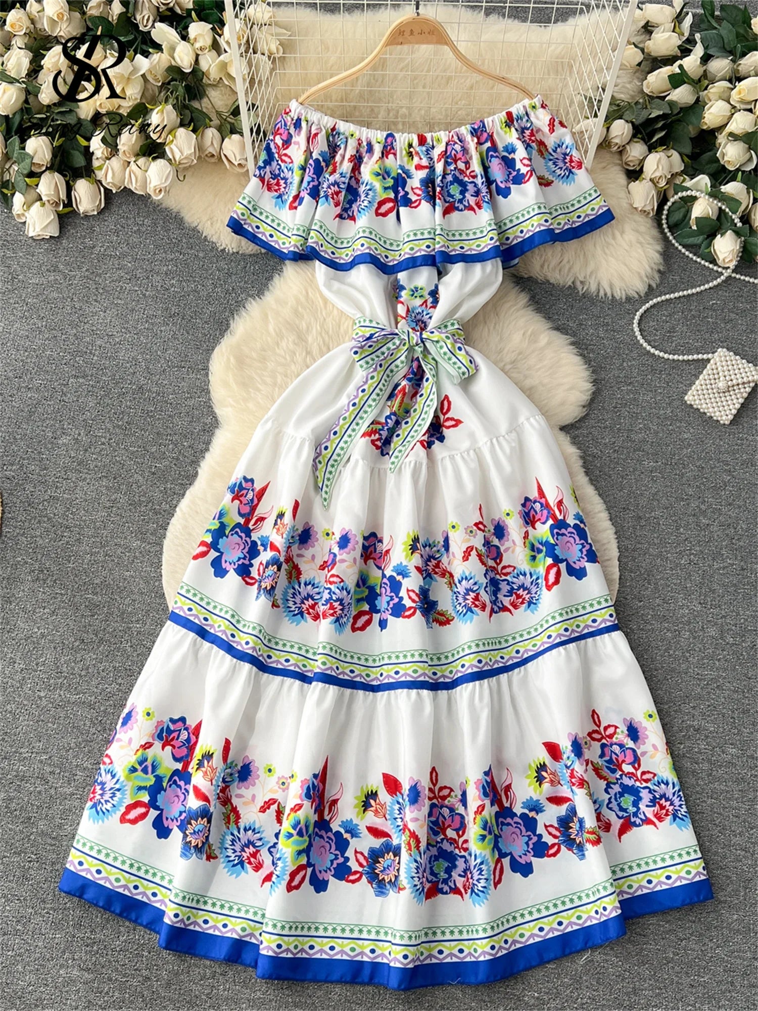 French Court Floral Print Sling Neck Off Shoulder Fashion Loose Long Dress