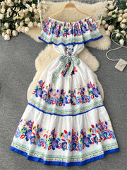 French Court Floral Print Sling Neck Off Shoulder Fashion Loose Long Dress