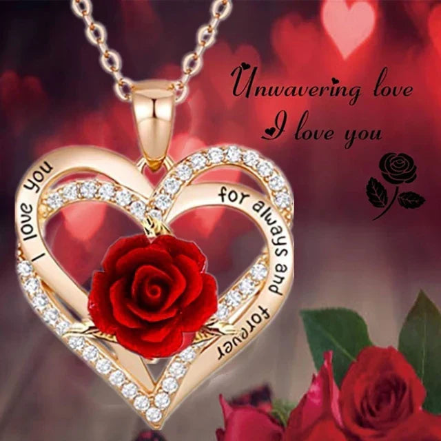 I Love You For Always And Forever Rose Heart Pendant Necklace featuring romantic rose and heart design