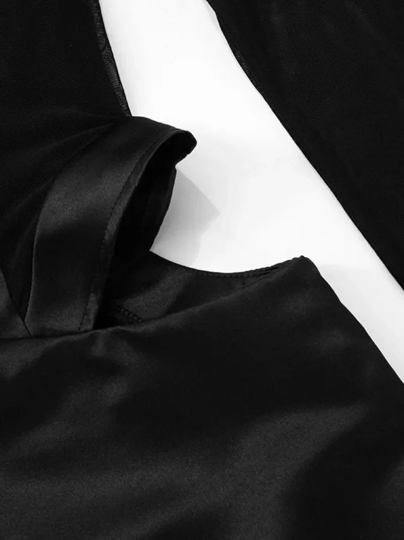 Fashion Chic Turtleneck Mesh Patchwork Short Dress Party Clubwear Long Sleeve See-through Hollow Out Mini Corset Dresses Black