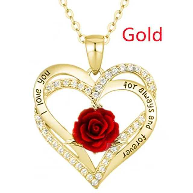 I Love You For Always And Forever Rose Heart Pendant Necklace featuring romantic rose and heart design