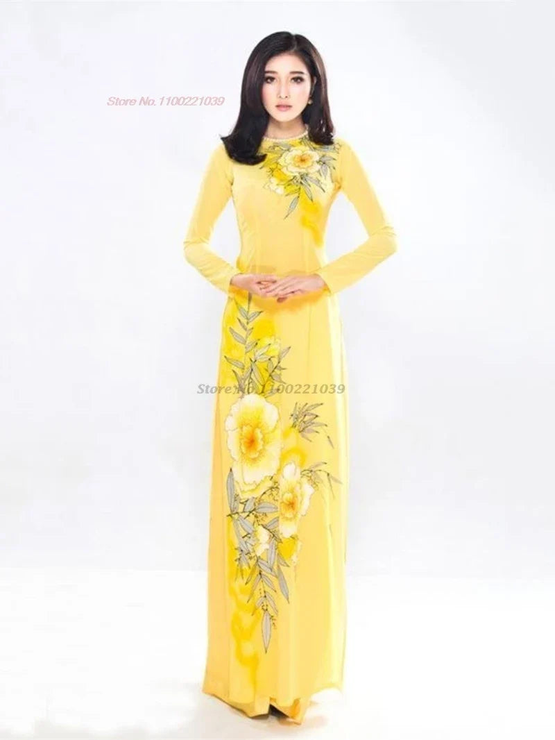 Traditional Aodai National Dress+Pants Set Flower Print Qipao Oriental Party evening vestido