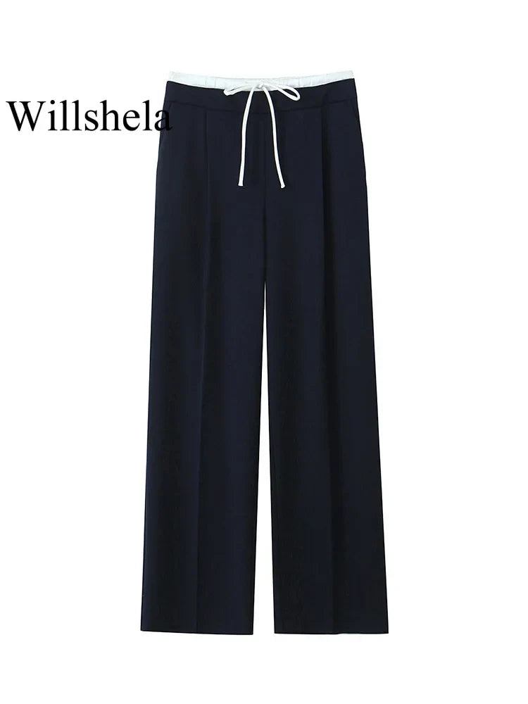 Willshela Fashion Solid Lace Up Side Zipper Straight Pants Vintage Elastic High Waist Chic Trousers