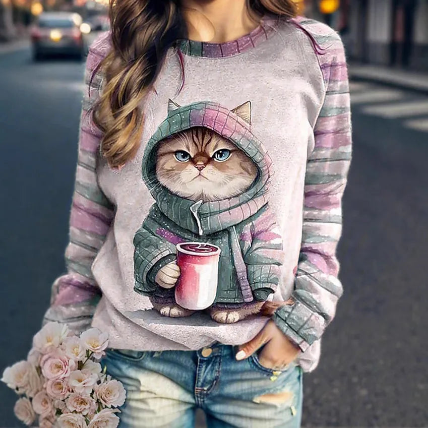 Women's round neck hoodie animal cat 3D printed shoulder style autumn and winter European and American T-shirt women's clothing