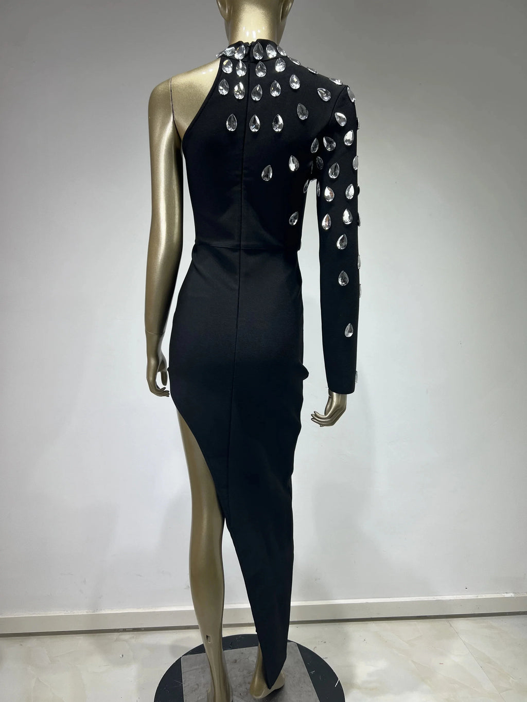Celebrity One Sleeve Rhinestone Black Maxi Long Bodycon Elegant Evening Wear