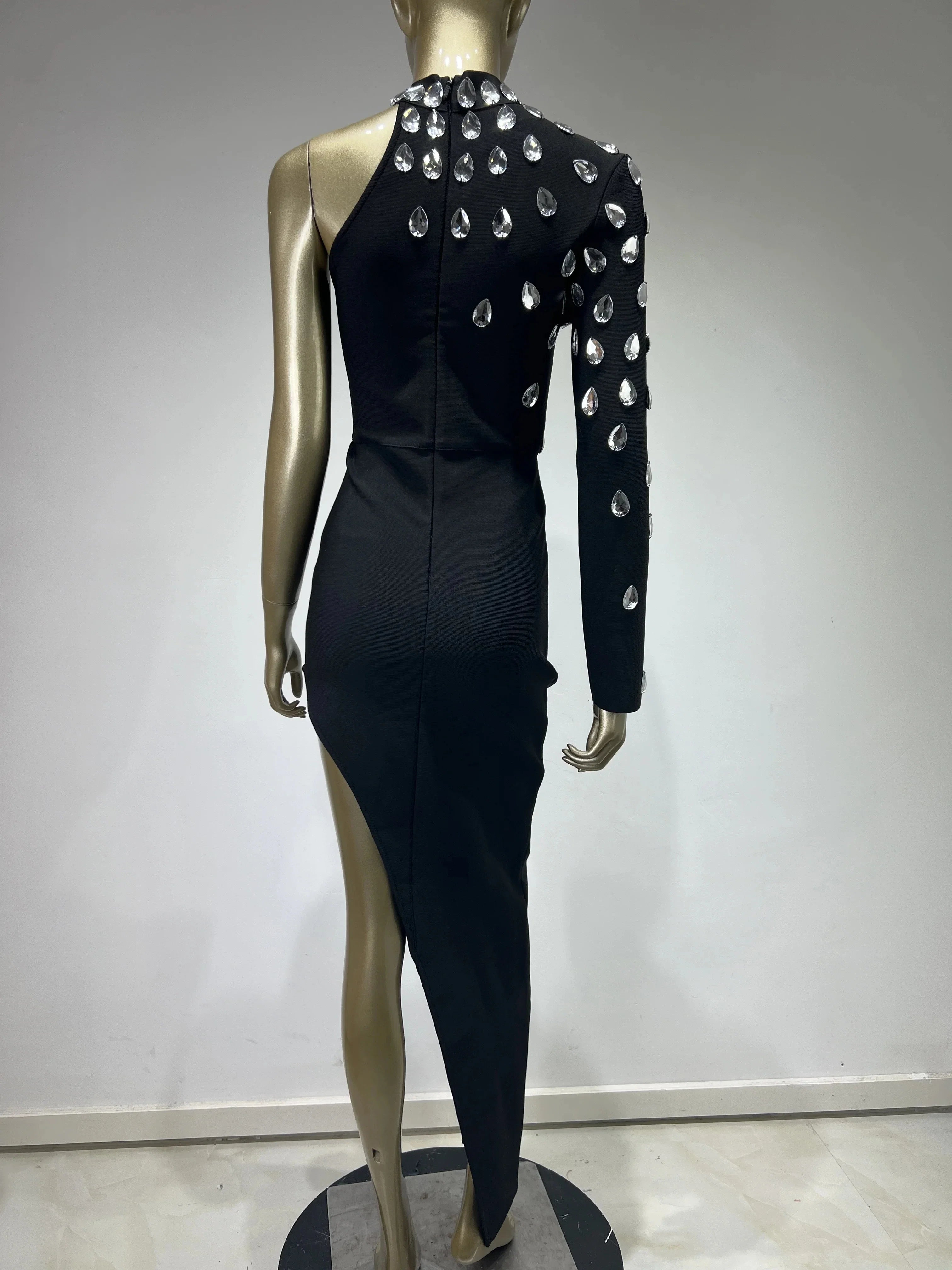 Celebrity One Sleeve Rhinestone Black Maxi Long Bodycon Elegant Evening Wear