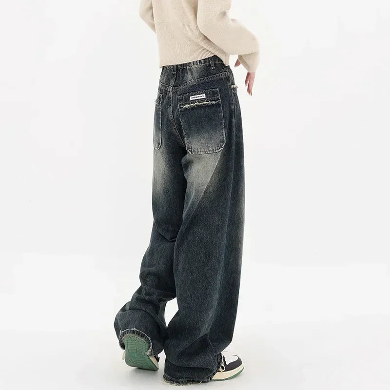 Harajuku Streetwear Retro Fashion Women High Waist Jeans Wide Leg Straight Denim Trousers Y2K Baggy Pants