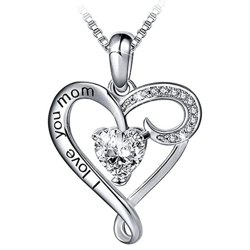  I Love You Mom Heart Shape Crystal Pendant Necklace – Elegant Gift for Mom
