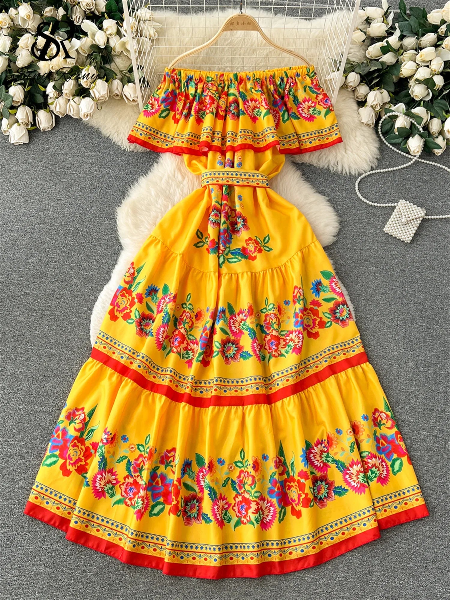 French Court Floral Print Sling Neck Off Shoulder Fashion Loose Long Dress