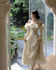 French Vintage White Strapless Midi Dresses for Women Summer New Elegant Party Slim Evening Wear