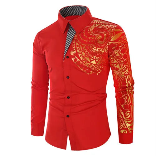 Men's Brand Luxury Gold High Quality Long Sleeve Shirts Business Dress Prom Social Print Shirts