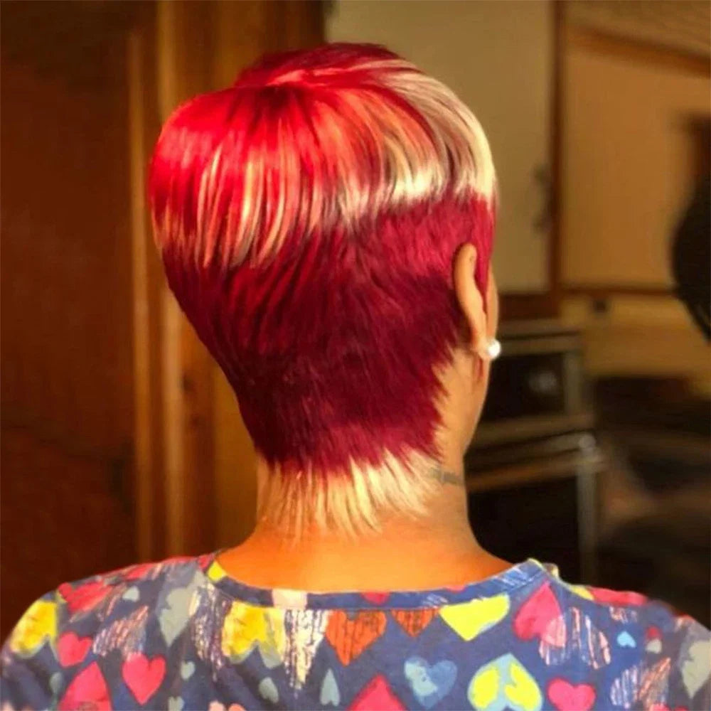 Short Pixie Cut Stylish Wig Burgundy Two Tone With highlights Human Hair with Bangs Full Machine Made Pixie