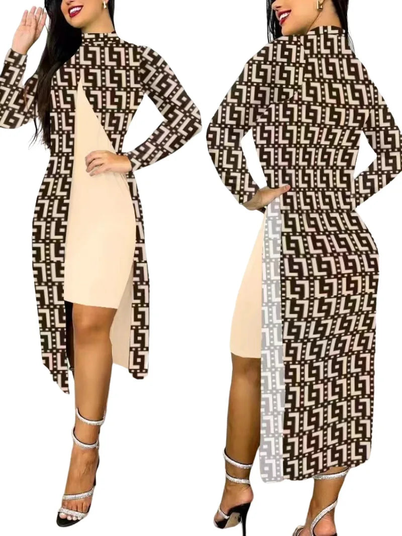 Elegant A Line Two Piece Print Dresses Full Sleeve Split Cardigan Half High Collar Dress