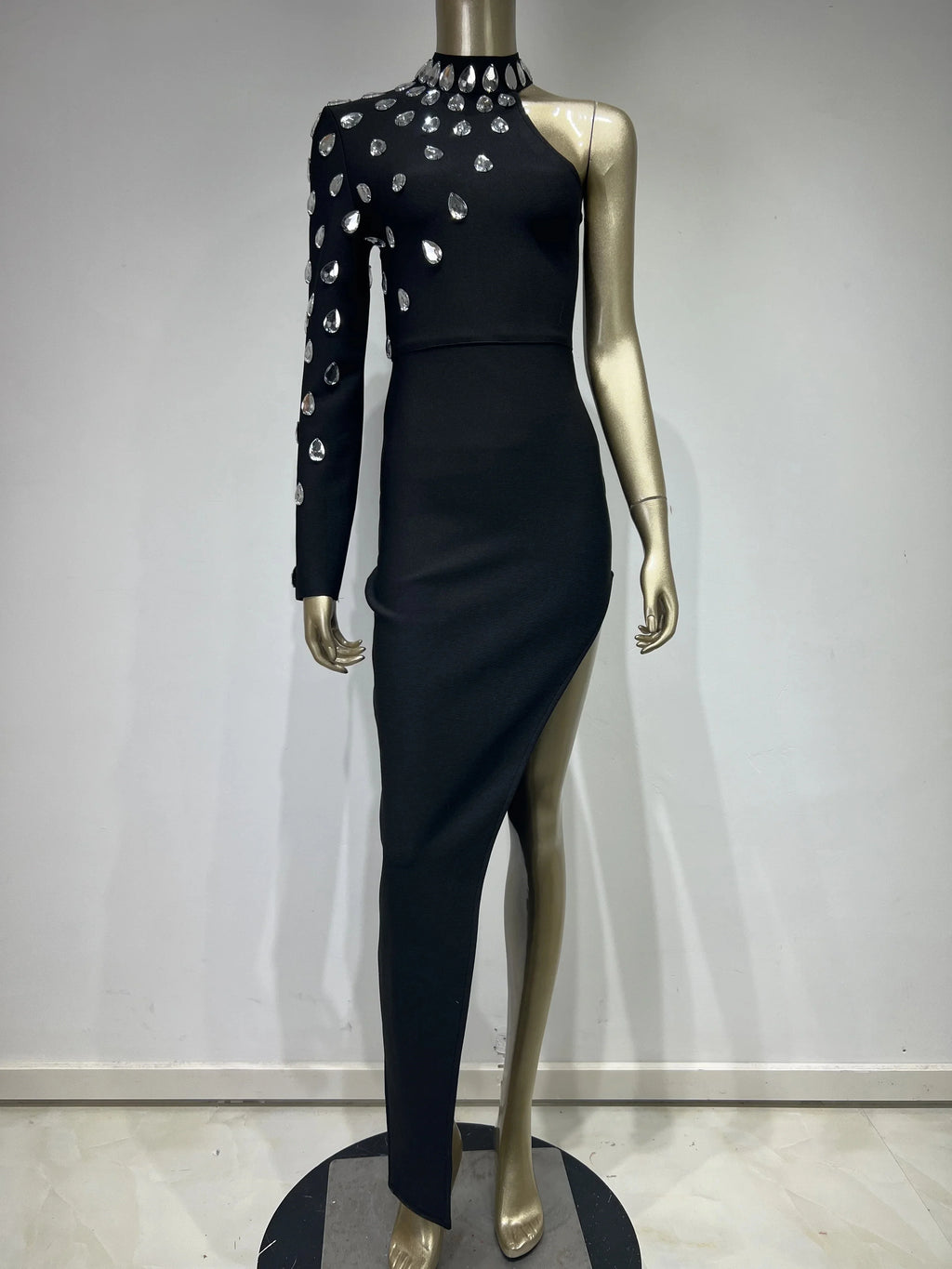 Celebrity One Sleeve Rhinestone Black Maxi Long Bodycon Elegant Evening Wear