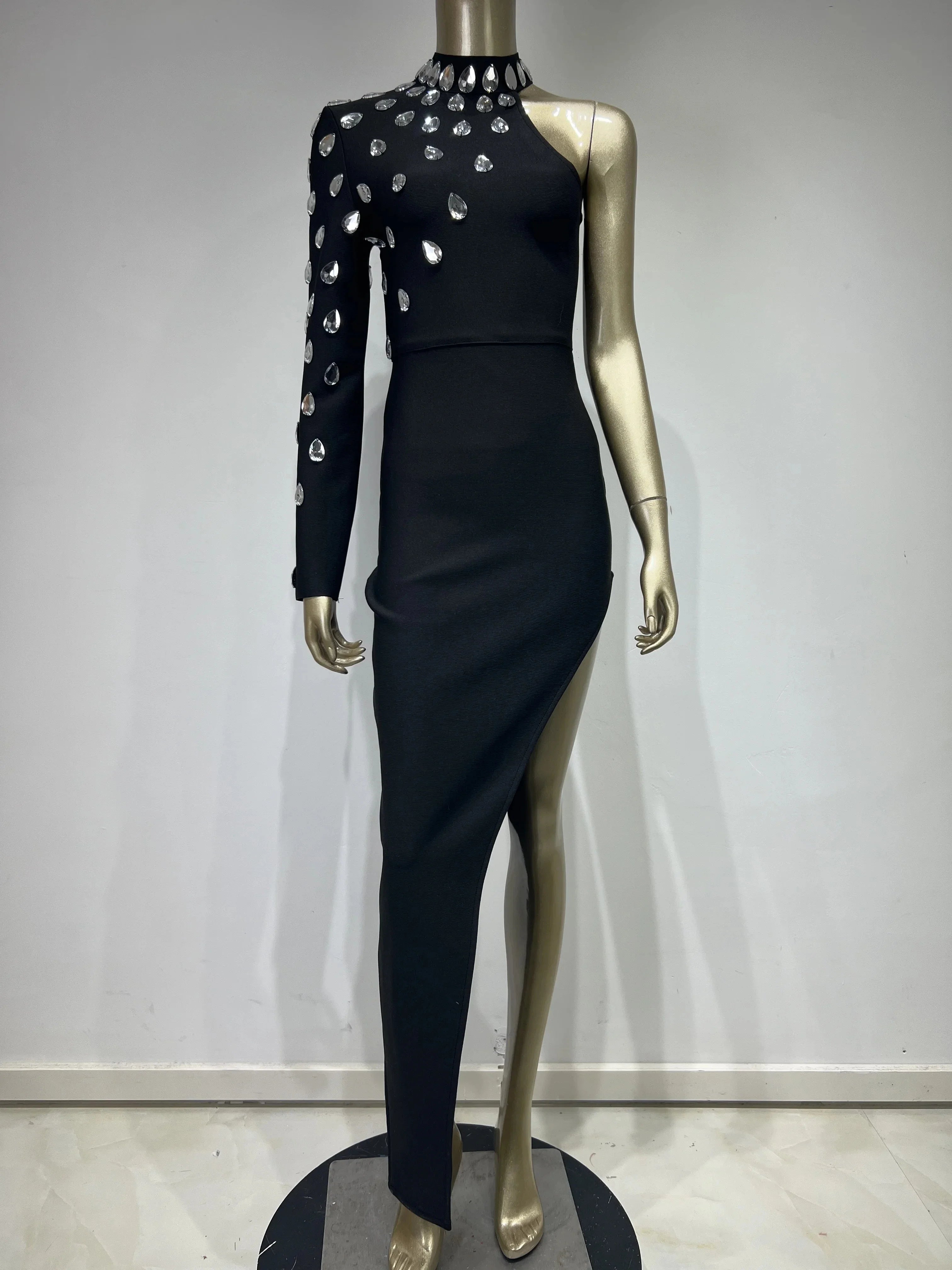Celebrity One Sleeve Rhinestone Black Maxi Long Bodycon Elegant Evening Wear