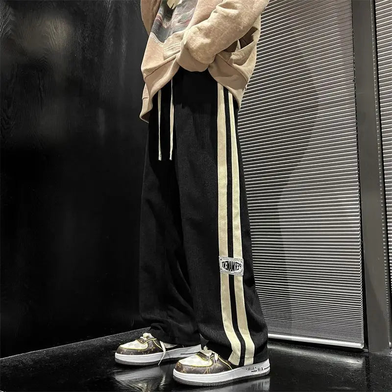 American Vintage Side Striped Pants Corduroy Men Casual High Street Harem Trousers Y2K Joggers Baggy Straight Sweatpants