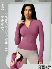 Women's Solid Color Zipper Turtleneck Sports Jacket, Long-Sleeved Sports Top, Gym Wear, Ladies' Sportswear for Indoor and Outdoo