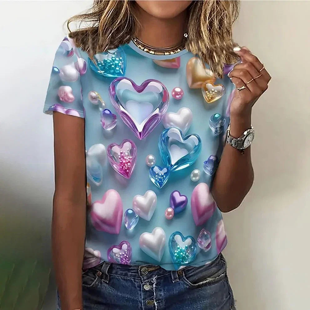 Fashion 3D Love Print T Shirt For Women Casual Round Neck Summer Short Sleeve Tops Hip Hop Trend Ladies Clothing Loose Girl Tees