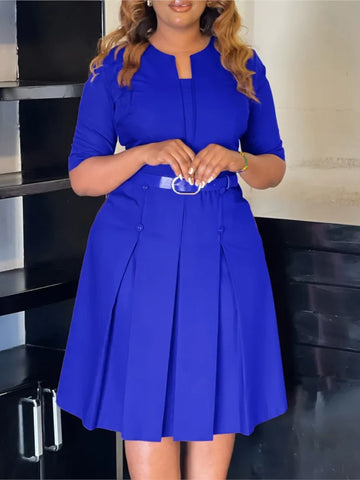 Elegant Office Dresses For Woman V Neck Half Sleeve High Waisted Belt Waisted Pleated Mid Calf Classy Modest Female Work Gowns