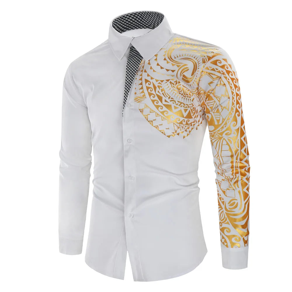 Men's Brand Luxury Gold High Quality Long Sleeve Shirts Business Dress Prom Social Print Shirts