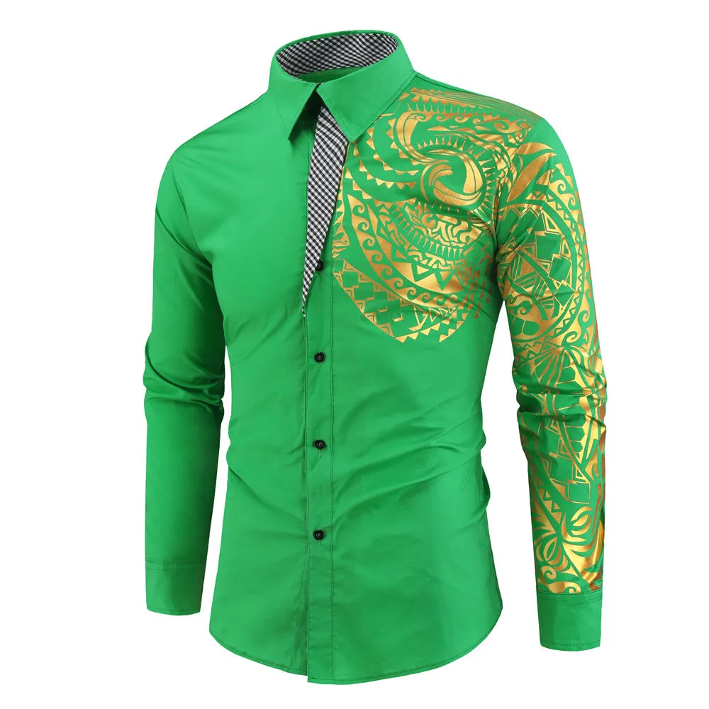 Men's Brand Luxury Gold High Quality Long Sleeve Shirts Business Dress Prom Social Print Shirts