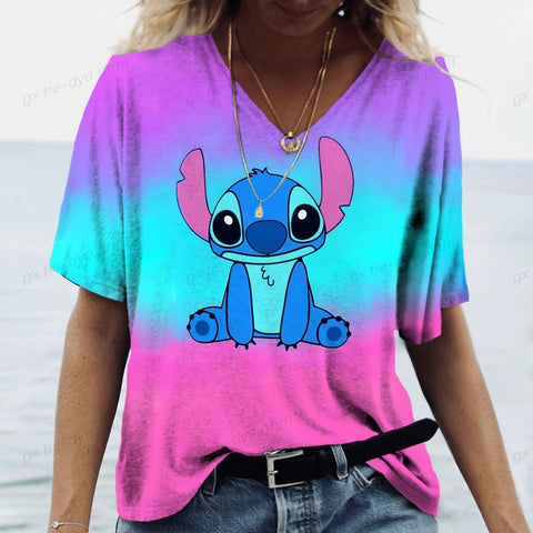 Lilo&Stitch Women's T-shirt Fashion V-neck Short sleeved Top Summer Women's Clothing Casual Harajuku T-shirt Street Trend