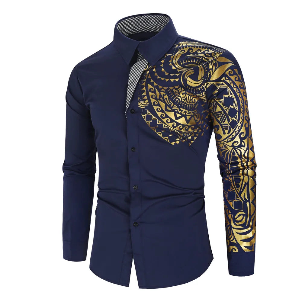 Men's Brand Luxury Gold High Quality Long Sleeve Shirts Business Dress Prom Social Print Shirts